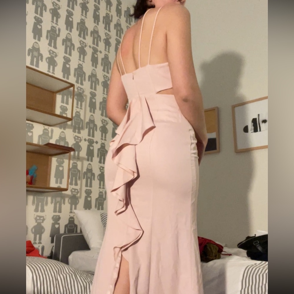 prom dress baby pink muted pale pink open back strappy neck halter slit back m/L
